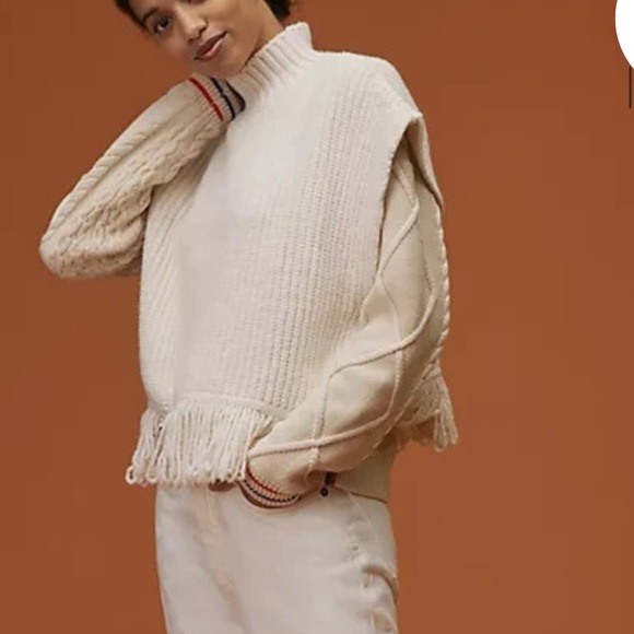 Anthropologie Off White Mock Neck Buttoned Poncho with Fringes. - Picture 1 of 9